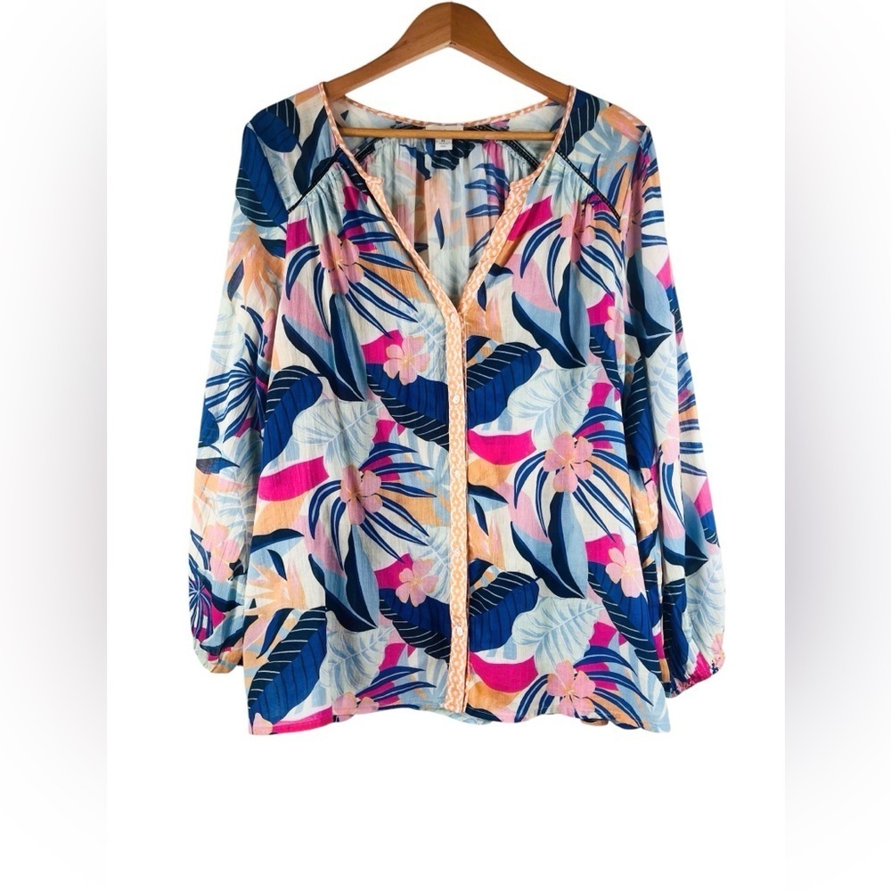 Sundance Multicolor Jungle Floral V Neck Long Sleeve Cotton Button Up Top XL